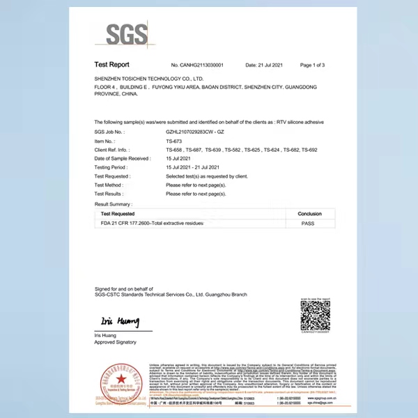 test report sa silicone adhesive TS-673